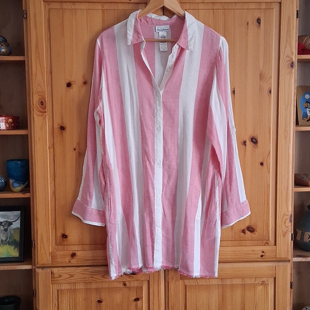 Tommy Bahama Pink White Stripe Linen Blend Preppy Boyfriend Shirt Dress Size XL - Picture 10 of 10